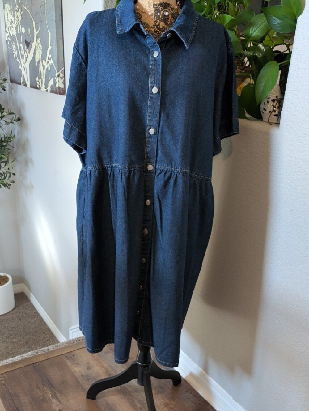 Denim Button-Front Shirt Dress - Dark Blue 3X NEW